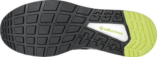 The image shows the sole of a sports shoe. It is predominantly black with a textured tread and a light green accent area. The sole is sturdy and slip-resistant.