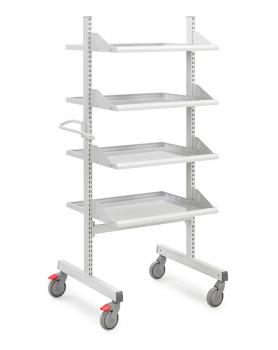 The image shows a mobile shelving unit with four white shelves. It has a sturdy metal frame with vertical rods and casters for easy mobility.