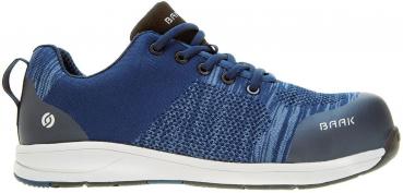 The shoe is dark blue with a textured upper. It has a round, reinforced toe and a white sole. The laces are also blue and ensure a secure fit.