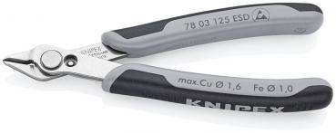 The image shows a small, gray pair of pliers with black, non-slip handles. The cutting edges are pointed and sharp, ideal for cutting fine wires. The brand name "KNIPEX" is embossed.