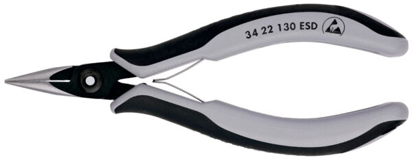 The image shows a small pair of pliers with narrow, pointed jaws. The handle is ergonomically designed, black with gray accents. It is well suited for delicate tasks.