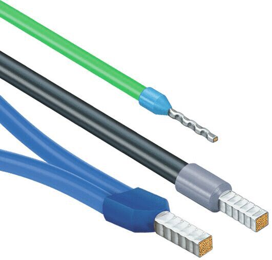 The image shows three different cables. At the top is a green, thin cable. Below it is a black, thick cable, and at the bottom lies a blue cable with a clear texture.