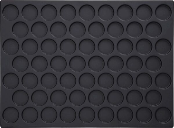 The image displays a flexible baking sheet with 48 circular indentations in a regular pattern. The surface is dark and smooth. Each indentation appears to be of equal size.