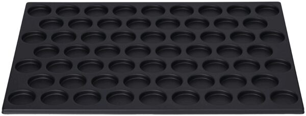 The picture shows a black baking tray with 48 round indentations. It has a flat, rectangular shape and is made of a smooth material. Ideal for baking muffins or similar items.