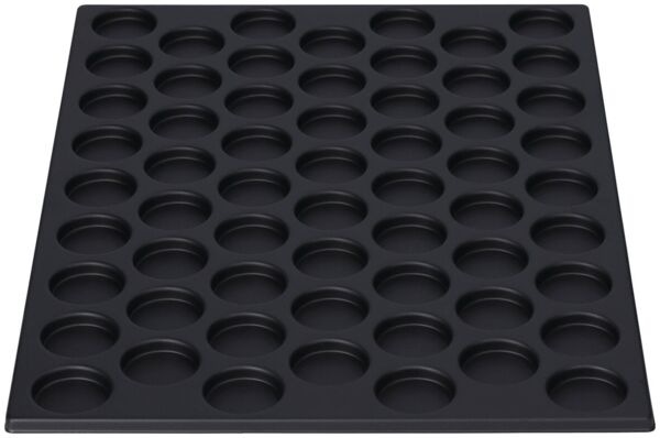 The image shows a black baking tray with 48 round indentations. The indentations are evenly arranged and have a smooth edge, ideal for muffins or small baked goods.