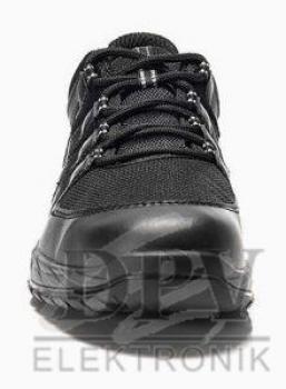 The image shows a black sports or work shoe. It has a sturdy sole, a padded upper, and is complete with laces. The shoe is slightly rounded at the front.