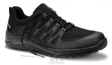 The shoe is black, sporty, and has a flexible sole. It features elastic laces and a padded tongue for comfort. Ideal for everyday and active use.