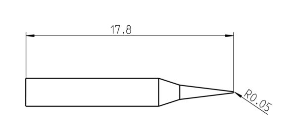 The image displays a technical drawing of a pointed object. It is 17.8 mm long, features a straight, cylindrical body, and terminates in a narrow point with a small curve (R0.05).