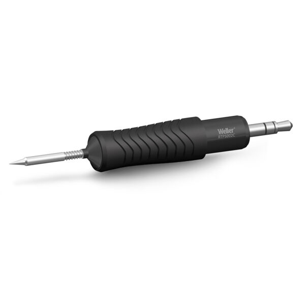 The image shows a soldering iron with an ergonomic, rubberized handle. The tip is made of metal, slender and elongated, while the handle is black with grooves for better grip.