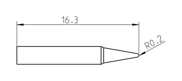 Das Bild zeigt eine technische Zeichnung eines Objekts, das 16,3 Einheiten lang ist. Es hat eine schmale, spitz zulaufende Form mit einer Abrundung (R0.2) am Ende.