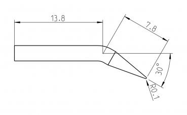 Das Bild zeigt eine technische Zeichnung eines Werkzeugs. Es hat eine längliche Form mit einem schrägen Ende. Maße sind angegeben: 13,8 mm Breite und 7,8 mm Länge, mit einem 30°-Winkel.