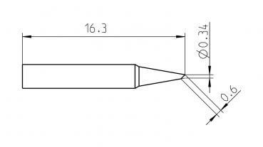 Das Bild zeigt eine technische Zeichnung eines Gegenstands. Er hat eine längliche Form mit einem spitzen Ende. Maße sind angegeben: Länge 16,3 mm, eine Öffnung hat einen Durchmesser von 0,34 mm und eine weitere von 0,6 mm.