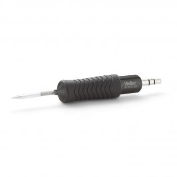 The image shows a tool with a black, ribbed handle and a long, pointed, metallic tip. At the end, there is a thin plug. It is a soldering iron.