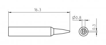 The image shows a technical drawing of a cylindrical object with a conical tip. The total length is 16.3 mm. The diameter of the tip is 0.8 mm, and the base has a thickness of 0.3 mm.