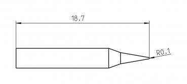 Das Bild zeigt eine technische Zeichnung eines Objekts. Es hat eine gerade Basis, verjüngt sich nach oben zu einer spitzen Form. Die Länge beträgt 18,7 Einheiten. An der Spitze ist eine Rundung (R0.1) erkennbar.