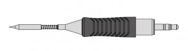 The image shows a pen with a round, rubberized grip and a fine tip. At one end, a spiral line is visible, indicating a mechanism.