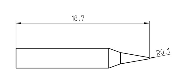 Das Bild zeigt eine technische Zeichnung eines Objekts mit einer Länge von 18,7 mm. Es hat einen zylindrischen Körper und endet in einer spitzen Form. Am Ende ist eine abgerundete Kante zu erkennen.