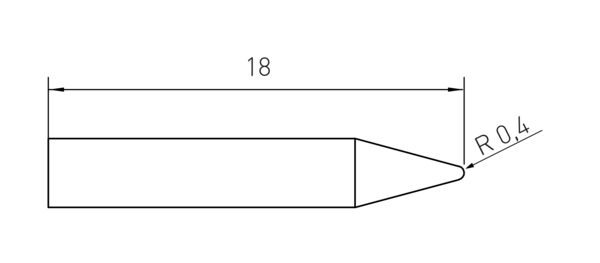 The image displays a technical drawing of a thin, conical object measuring 18 mm in length. One tip is rounded, indicated by a radius of 0.4 mm.