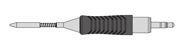 The image shows a tool with a long, slender body and a ridged surface for better grip. At one end there is a sharp tip, at the other a square end.