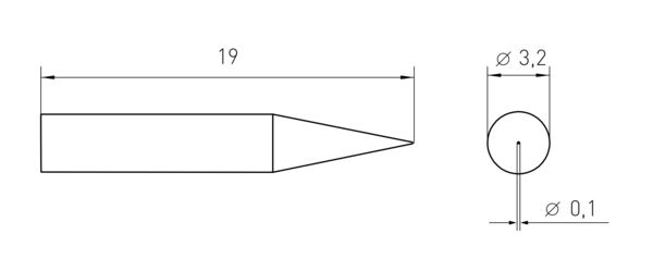 The image displays a technical drawing of a pen. It is 19 mm long and has a tapered shape. On the right, two diameters are indicated: 3.2 mm and 0.1 mm.