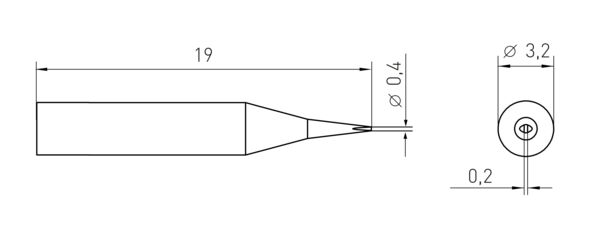 The image displays a technical drawing of an object. It is elongated with a pointed, detail-adapted shape. Dimensions are provided, including diameter and length in millimeters.