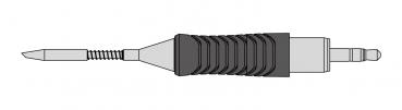 The image shows a screwdriver with a non-slip grip. The blade is narrow and pointed, and at the end of the handle, two inserts are visible.