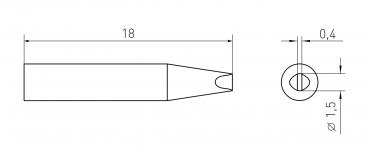 The image displays a technical drawing of a cylindrical object with a tapered tip. The dimensions are provided: length 18 mm, diameter 1.5 mm.