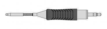 The image shows an elongated, narrow object with a ridged surface in the middle. At both ends, there are small, metallic parts, one of which is spiral-shaped.