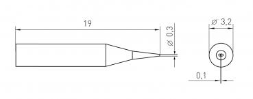 The image displays a technical drawing of a tool with a length of 19 mm and a tapered end. Diameter at the end is 0.3 mm; cross-section is 3.2 mm.