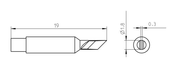 Das Bild zeigt eine technische Zeichnung eines Werkzeugs. Es ist von der Seite und von vorne dargestellt, mit einer Länge von 19 mm und einem Durchmesser von 1,8 mm. Ein gefräster Schnitt sitzt am Ende.