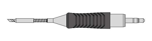 The image shows a cable plug with an elongated, wavy rubber coating in the middle. At one end there is a pointed plug, at the other a round plug.