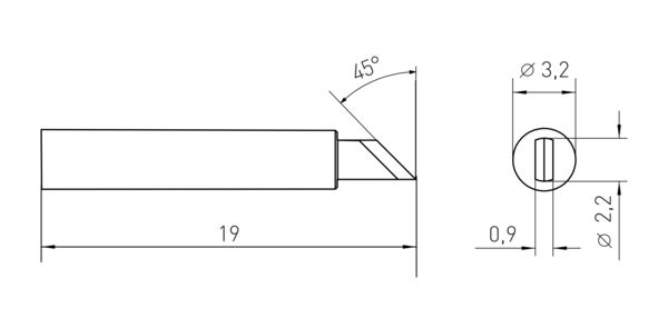 Das Bild zeigt technische Zeichnungen eines Objekts. Links eine Seitenansicht mit Längen- und Winkeldimensionen, rechts eine Draufsicht mit Durchmessern angegeben.