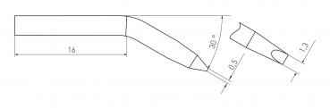 The image displays a technical drawing of a tool. It has a long, straight handle with a curved end that features a sharp, narrow edge with specific dimensions.