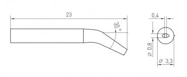 The image displays a technical drawing of a curved pipe. It has a length of 23 mm, a diameter of 3.3 mm, and a wall thickness of 0.4 mm.