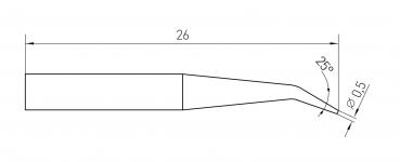 The image displays a technical sketch of a tool. It has a length of 26 mm and a tapered tip angled at 25°. The thickness of the tip is 0.5 mm.