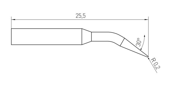 Das Bild zeigt eine technische Zeichnung eines Werkzeugs mit einem gebogenen Ende. Es hat eine Länge von 25,5 mm und eine Spitze, die einen Radius von 0,2 mm bildet, und einen Winkel von 30°.