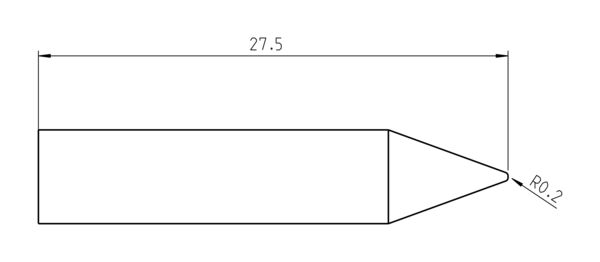 Das Bild zeigt eine einfache, längliche Form mit einer Spitze. Die Länge beträgt 27,5 Einheiten, und die Spitze hat einen Radius von 0,2 Einheiten. Die Form ähnelt einem Bleistift.