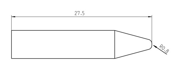 The image displays a technical drawing of an object measuring 27.5 units in length. The shape is elongated and features a rounded tip at one end with a radius of 0.8.