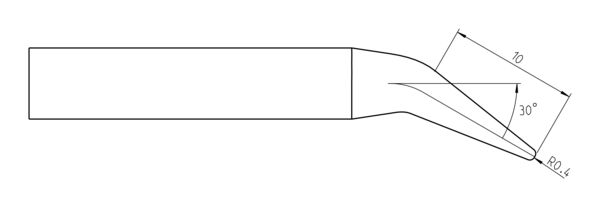 Das Bild zeigt eine technische Zeichnung eines Werkzeuges mit einer langen, geraden Klinge, die sich an einem Ende verjüngt und eine spitze, leicht gebogene Form hat. Maße sind angegeben.