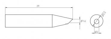 The image displays a technical drawing of an elongated object with a pointed front end. Various dimensions are provided: length 29 mm, tip diameter 1.6 mm, and additional diameters.