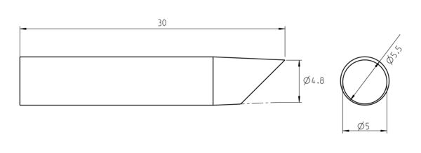 The image shows a technical drawing of a tool. It has an elongated, narrow shape with a slanted tip. On the right side, there is a top view with diameters.