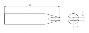 The image shows a technical drawing of an elongated, tapered object with a diameter of 28 mm and a circular cross-sectional view.