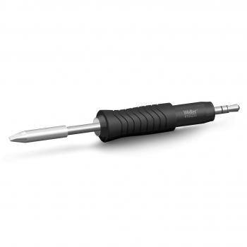 The image shows a screwdriver with an ergonomic, black grooved handle and a silver tip. The tip is interchangeable, allowing for the use of different types of screws.