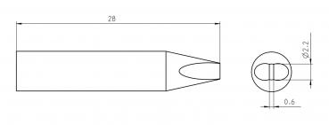 The image displays a technical drawing of an object. It has an elongated, tapering shape with an oval tip and a circular base. Dimensions are provided.