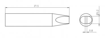 The image displays a technical drawing of a long, narrow object with a pointed front. The dimensions are provided: length 27.5 mm, diameter at the end 0.8 mm, and 0.2 mm at the tip.