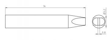 The image displays a technical drawing of a cylindrical object with a tapered end. Next to the side view is a top view that shows the shape of the end. Dimensions are provided.