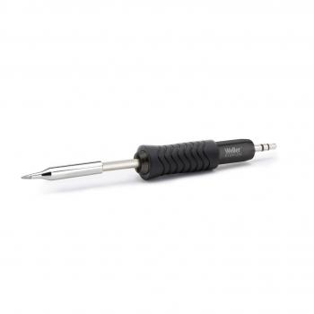 The image displays a black soldering iron with a metallic heating tip. The handle is rubberized and features non-slip grooves. The iron is slim and tapers to a point for precise work.