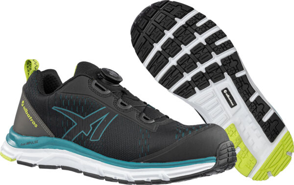 The image shows a pair of black sports shoes with light blue and lime green accents. They have a smooth surface, a sleek shape, and a textured sole with deep tread grooves.