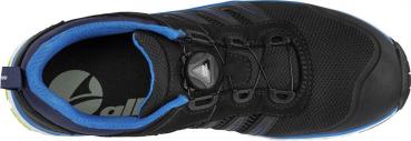 The image displays a black sports shoe with blue accents. It features a lace-up upper and a padded tongue. The sole is sturdy and textured.