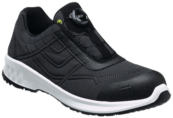 The shoe is a black, comfortable sneaker with a smooth surface and a round sole. It has a simple lacing system and is versatile for everyday activities.